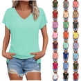 thumbnail image 1 of Women's V Neck Short Sleeve T Shirts,Solid Color Loose Fit Casual Basic Tees,Mint Green,Women's Plus Size XL, 1 of 7
