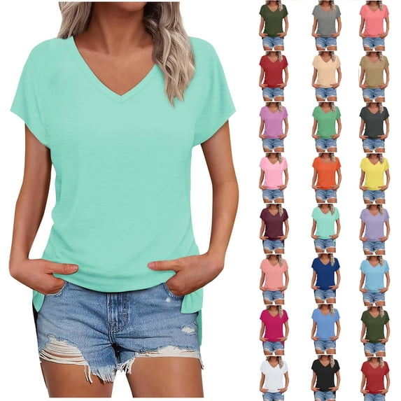 Women's V Neck Short Sleeve T Shirts,Solid Color Loose Fit Casual Basic Tees,Mint Green,Women's Plus Size XL