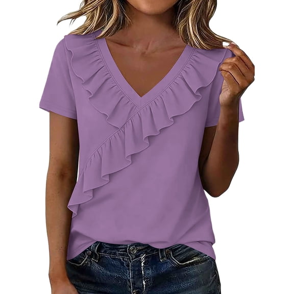 Women's V-Neck Short Sleeve T-Shirts Summer Casual Basic Plain Tee Loose Fashion Top Pure Color