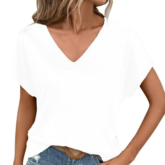 Women's V Neck Short Sleeve T-Shirts Summer Casual Loose Fit Basic Tee Batwing Sleeve Solid Top Comfortable Breathable Soft Stretch