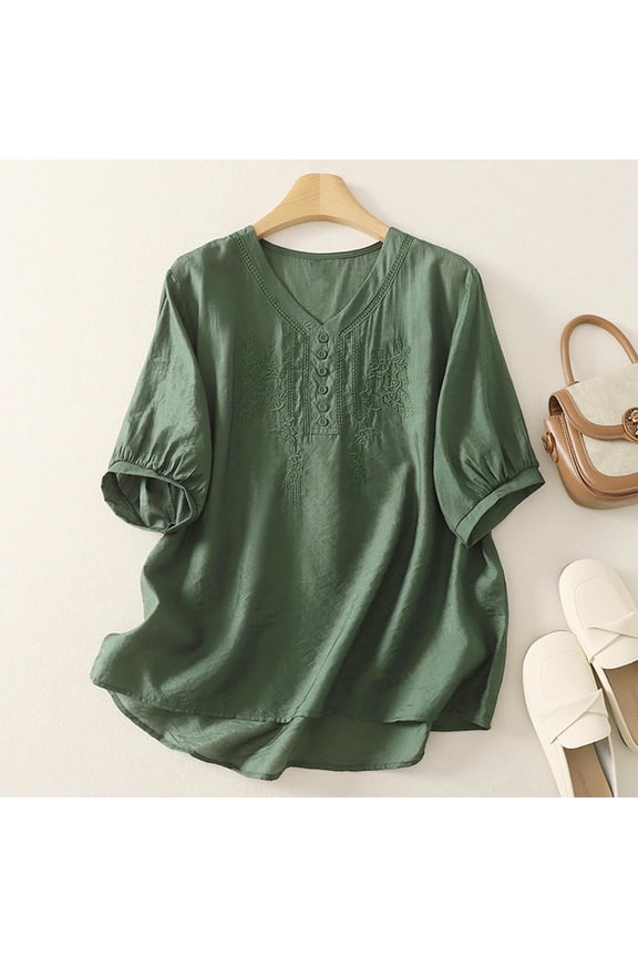 Women's V-Neck Short Sleeve Top Casual Embroidered Blouse for Everyday Wear