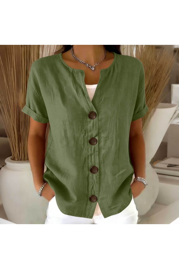 Women's V-Neck Short Sleeve Top, Linen Button Up Shirt Jacket with Soft Polyester Fabric, Casual Blouse for Spring Summer Fall Daily Wear, 2026 Limited-time Offer