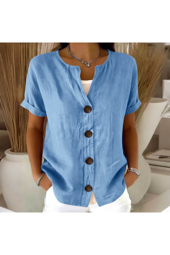 Women's V-Neck Short Sleeve Top, Linen Button Up Shirt Jacket with Soft Polyester Fabric, Casual Blouse for Spring Summer Fall Daily Wear, 2026 Limited-time Offer