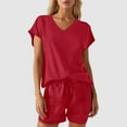 thumbnail image 1 of Women's V-Neck Short Sleeve Top and Shorts Set Casual Summer Outfit Soft Comfortable Wear Stylish Two Piece Suit for Daily, 1 of 8