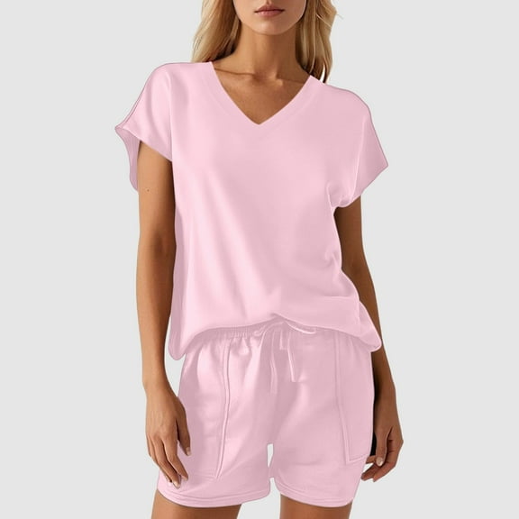 Women's V-Neck Short Sleeve Top and Shorts Set Casual Summer Outfit Soft Comfortable Wear Stylish Two Piece Suit for Daily