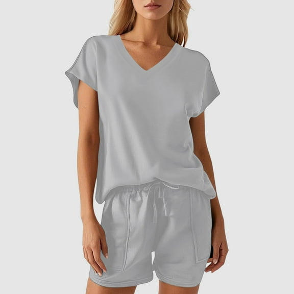 Women's V-Neck Short Sleeve Top and Shorts Set Casual Summer Outfit Soft Comfortable Wear Stylish Two Piece Suit for Daily