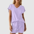 thumbnail image 1 of Women's V-Neck Short Sleeve Top and Shorts Set Casual Summer Outfit Soft Comfortable Wear Stylish Two Piece Suit for Daily, 1 of 8