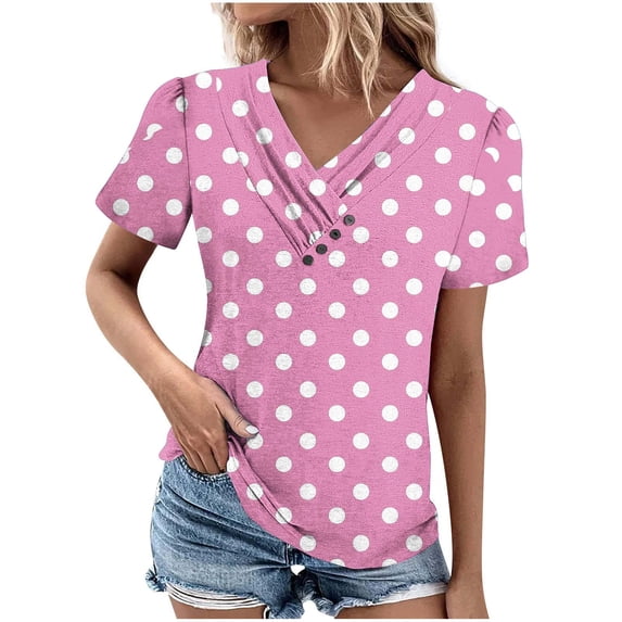 Women's V-Neck Short Sleeve Top with Button Detail, Casual Chic Blouse for Spring and Summer
