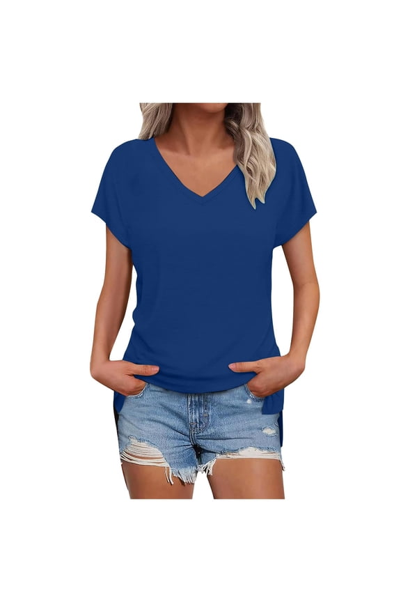 Women's V Neck Short Sleeve Tunic Tops Casual Loose Fit Side Split Hem Basic T Shirts for Summer