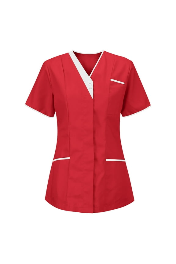 Women's V-Neck Short Sleeve Tunic Uniform Top for Nursing and Clinical Work