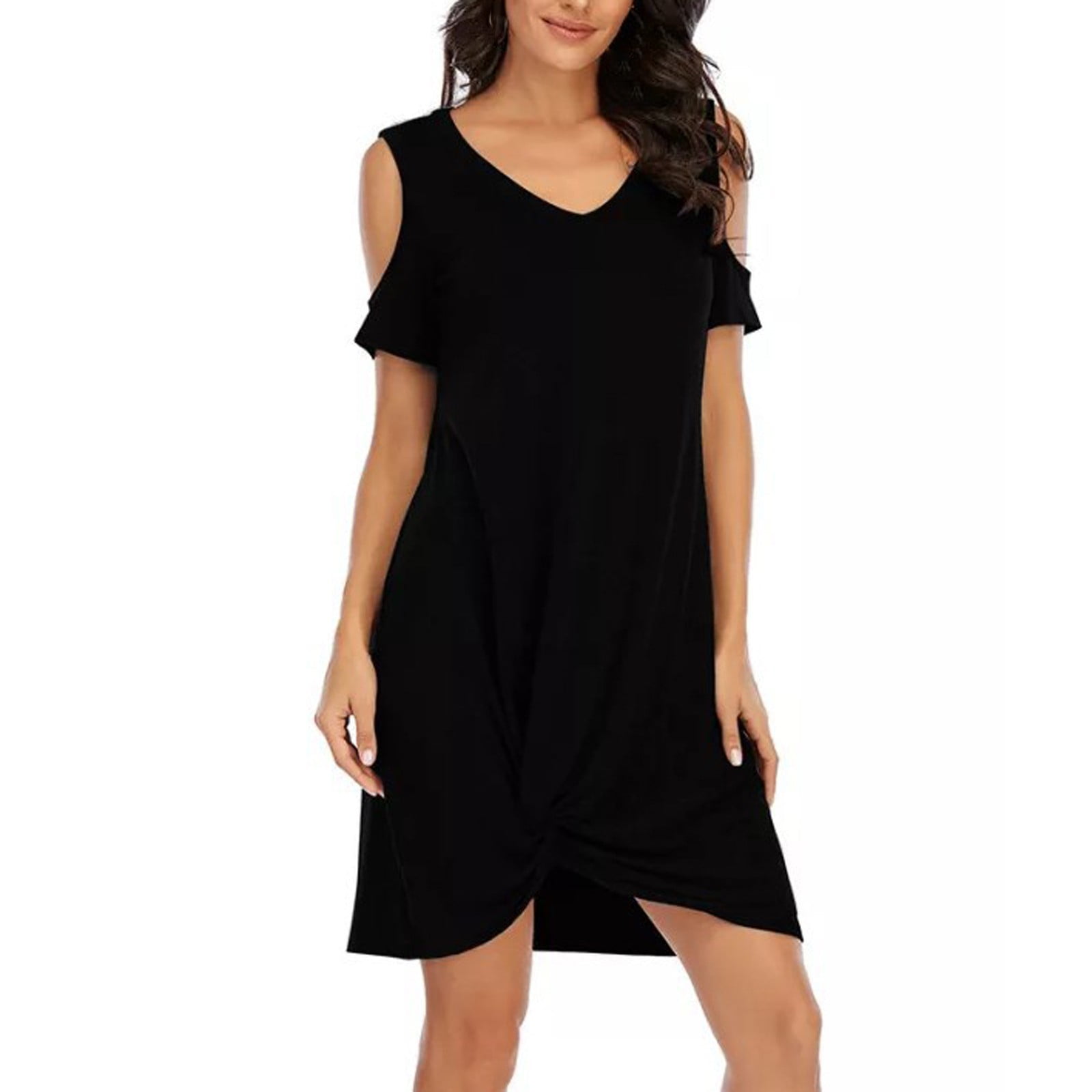 Women's V Neck Short Sleeve Twist Knot T-shirt Dress Cold Shoulder Cutout  Casual Loose Dresses - Walmart.com