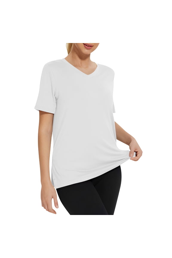 Women's V Neck Short Sleeve Workout T Shirts Back Loose Fit Solid Color Running Yoga Tee Tops Activewear