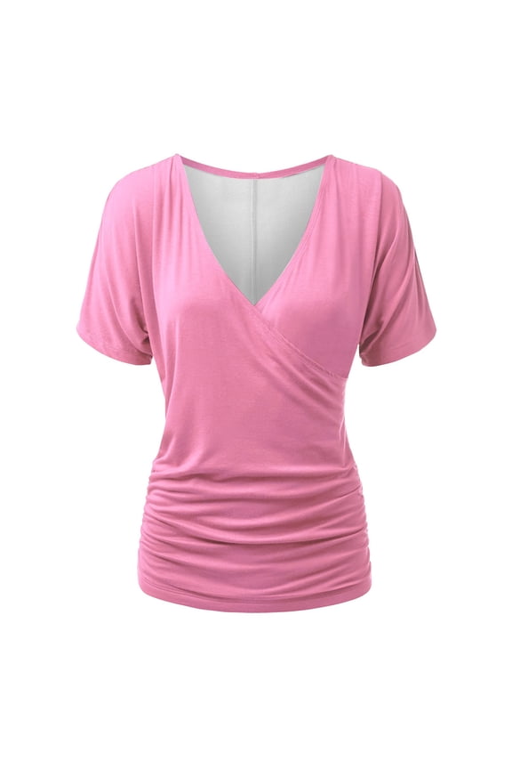 Women's V Neck Short Sleeve Wrap Front Drape Dolman Tunic Top