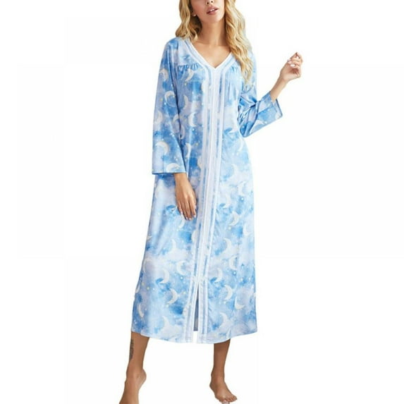 Women's V-Neck Simple Nightgown Long Sleeve Lightweight Sleepwear Ankle-Length Spring Autumn Pajama Dress Blue S-2XL