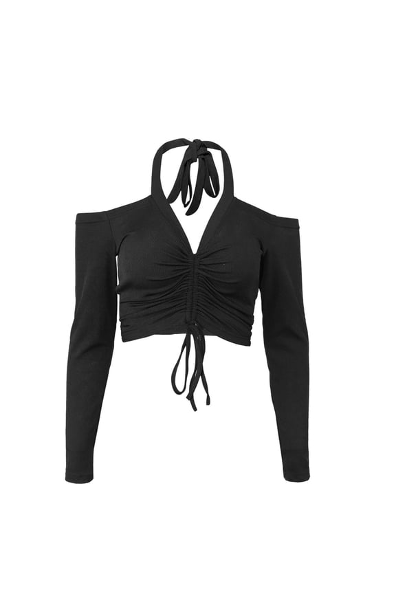 Women's V Neck Sleeve Drawstring Ruched Front Lettuce Trim Crop Top