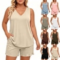 thumbnail image 1 of Women's V-Neck Sleeveless 2 Piece Casual Pajama Sets, Loose Flowy Tank Top & Ruffle Hem Elastic Shorts, Thin Lightweight All Season Wearable Daily Indoor | TruHer,Beige L, 1 of 7