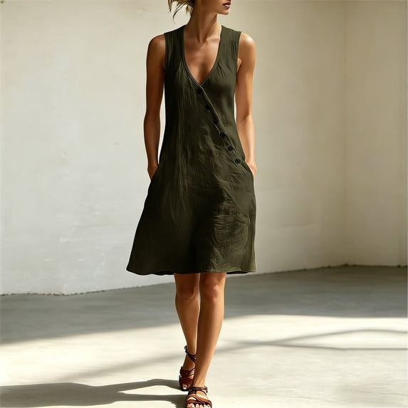 Women's V-Neck Sleeveless Asymmetrical Button Down Mini Shift Dress with Pockets