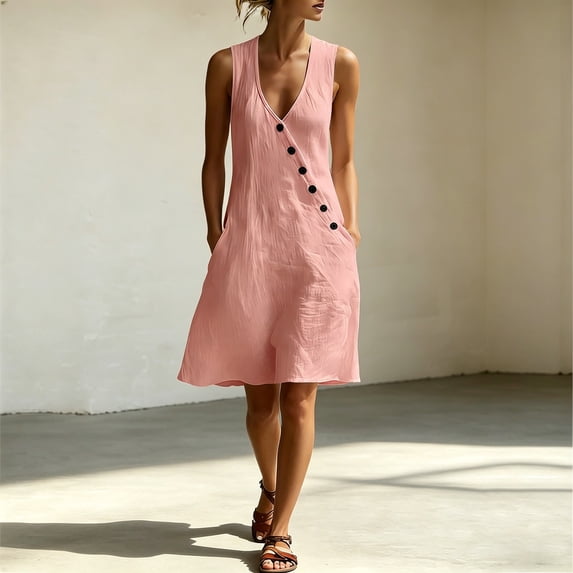 Women's V-Neck Sleeveless Asymmetrical Button Down Mini Shift Dress with Pockets
