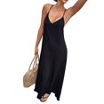 thumbnail image 1 of Women's V-Neck Sleeveless Backless Maxi Solid Suspender Robe Dress for Party Summer Black M, 1 of 10