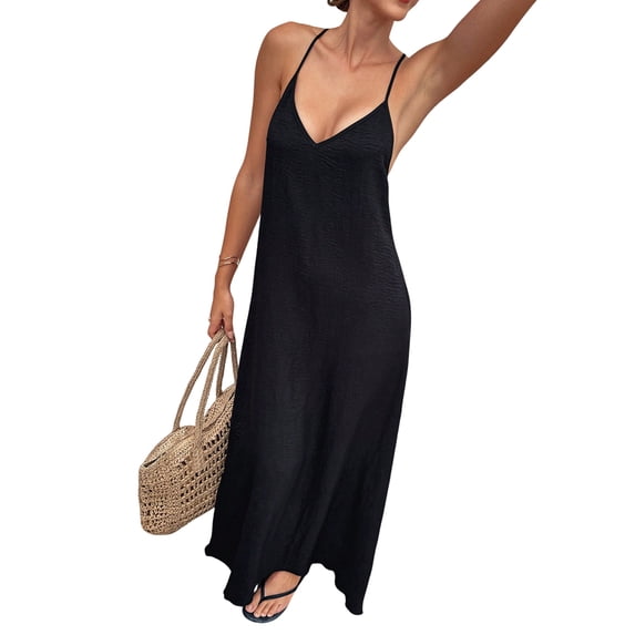 Women's V-Neck Sleeveless Backless Maxi Solid Suspender Robe Dress for Party Summer Black M