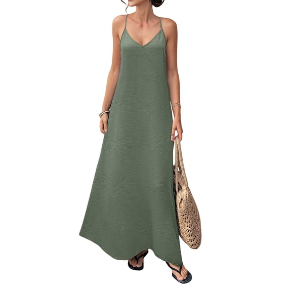 Women's V-Neck Sleeveless Backless Maxi Solid Suspender Robe Dress for Party Summer Green XL