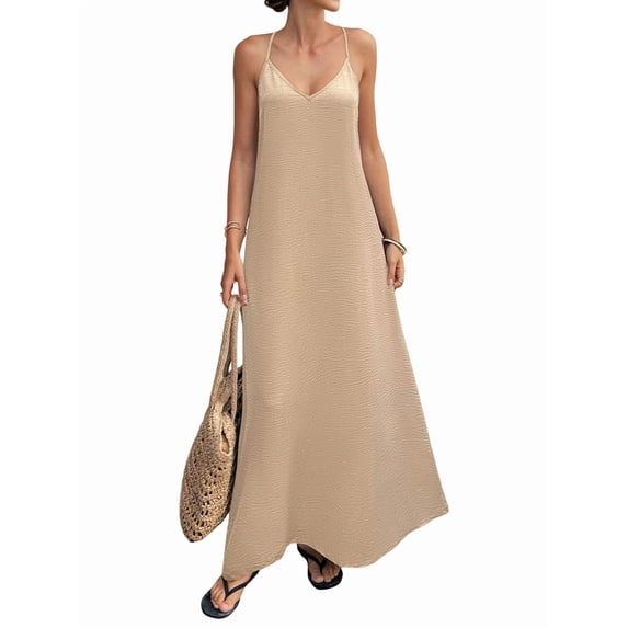 Women's V-Neck Sleeveless Backless Maxi Solid Suspender Robe Dress for Party Summer Khaki S
