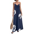 thumbnail image 1 of Women's V-Neck Sleeveless Backless Maxi Solid Suspender Robe Dress for Party Summer Navy Blue Flower M, 1 of 8