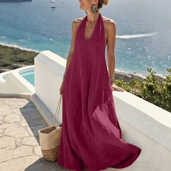 Women's V-Neck Sleeveless Casual Solid Color Hanging Neck Summer Dress