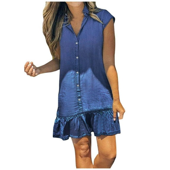 Women's V-Neck Sleeveless Dress - Button Front, Ruffled Hem, Pleated Bust, Solid Color Elegant Outfit