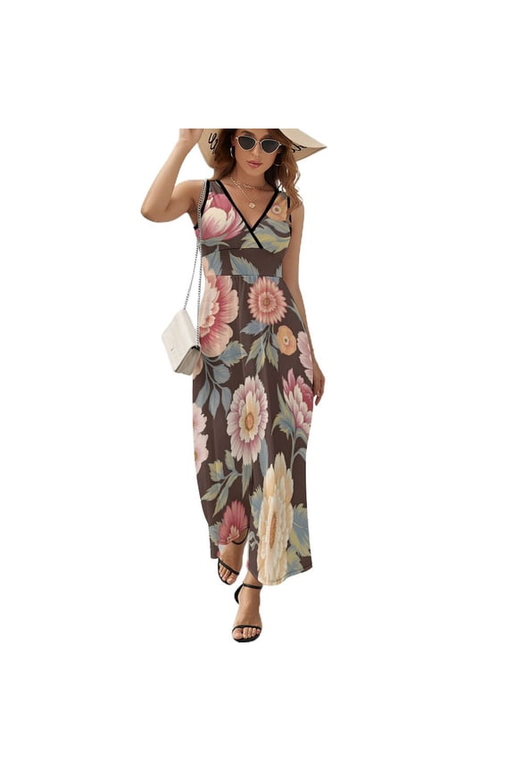 Women's V-Neck Sleeveless Dress, Casual Long Floral Pattern Stylish Dress, Knit Pleated Elegant Ruffled Long Summer And Autumn Dress