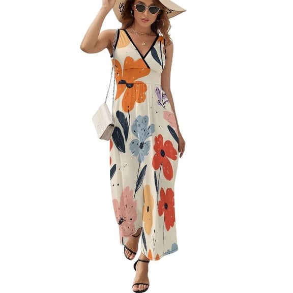 Women's V-Neck Sleeveless Dress, Elegant Long Ruffled Knit Pleated Dress, Floral Pattern Casual Stylish Long Summer And Autumn Dress