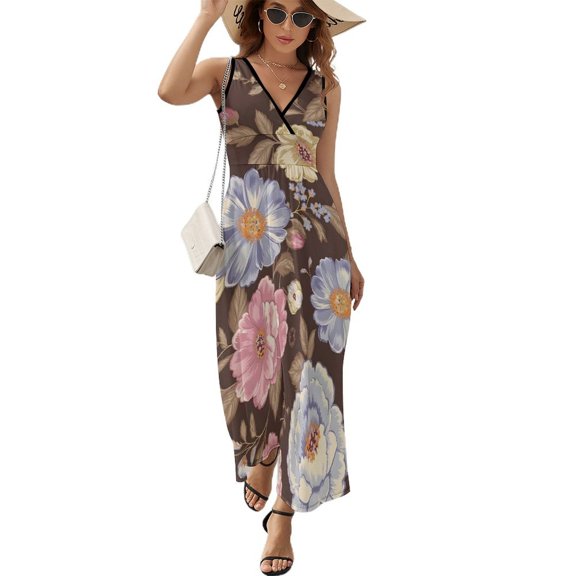 Women's V-Neck Sleeveless Dress, Elegant Ruffled Pleated Knit Long Dress, Stylish Floral Pattern Casual Long Summer And Autumn Dress