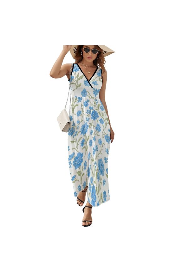 Women's V-Neck Sleeveless Dress, Floral Pattern Casual Ruffled Elegant Long Dress, Stylish Pleated Knit Long Summer And Autumn Dress
