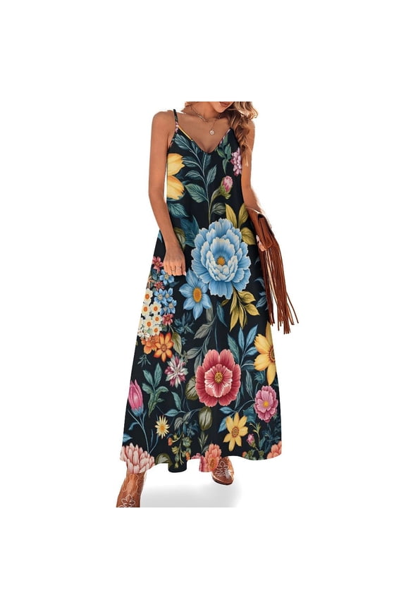 Women's V-Neck Sleeveless Dress, Floral Pattern Elegant Long Casual Dress, Stylish Ruffled Pleated Knit Long Summer And Autumn Dress