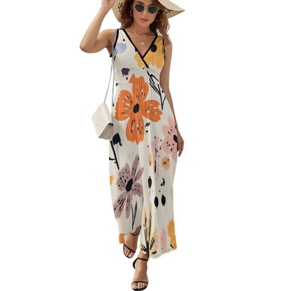 Women's V-Neck Sleeveless Dress, Floral Pattern Pleated Elegant Knit Long Dress, Stylish Casual Ruffled Long Summer And Autumn Dress