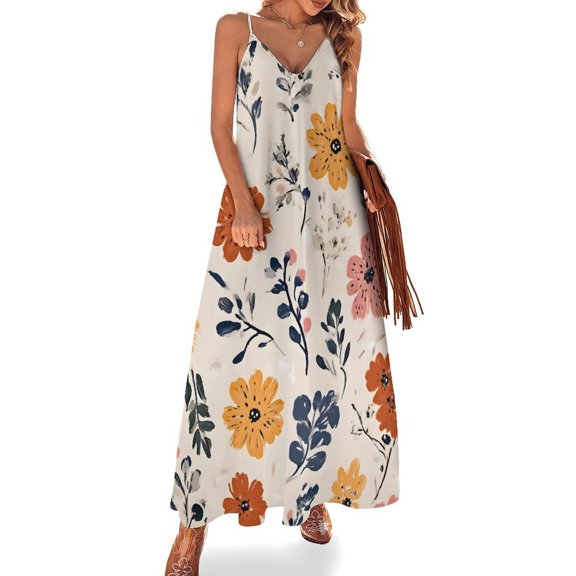 Women's V-Neck Sleeveless Dress, Floral Pattern Pleated Elegant Knit Long Dress, Stylish Casual Ruffled Long Summer And Autumn Dress