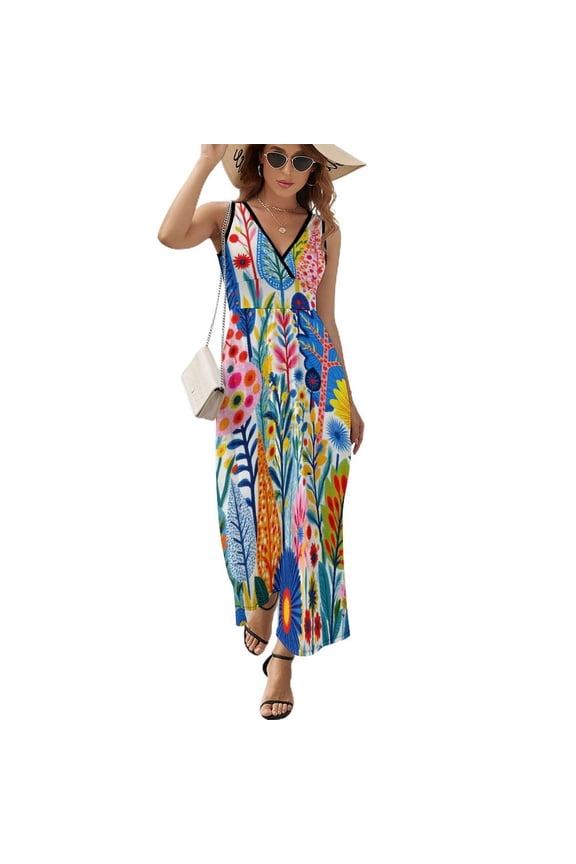 Women's V-Neck Sleeveless Dress, Floral Pattern Stylish Elegant Long Dress, Knit Pleated Ruffled Casual Long Summer And Autumn Dress