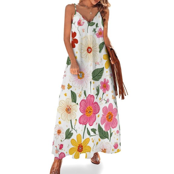 Women's V-Neck Sleeveless Dress, Long Casual Floral Pattern Stylish Dress, Pleated Elegant Knit Ruffled Long Summer And Autumn Dress
