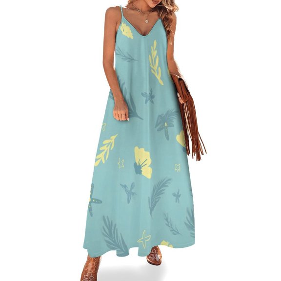 Women's V-Neck Sleeveless Dress, Long Floral Pattern Stylish Elegant Dress, Knit Pleated Ruffled Casual Long Summer And Autumn Dress