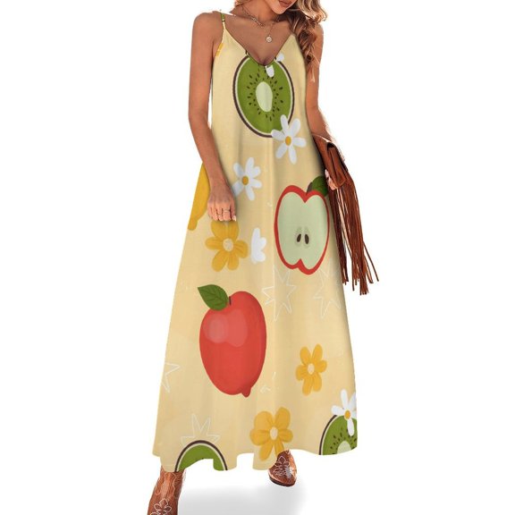 Women's V-Neck Sleeveless Dress, Pleated Elegant Ruffled Knit Long Dress, Stylish Casual Floral Pattern Long Summer And Autumn Dress