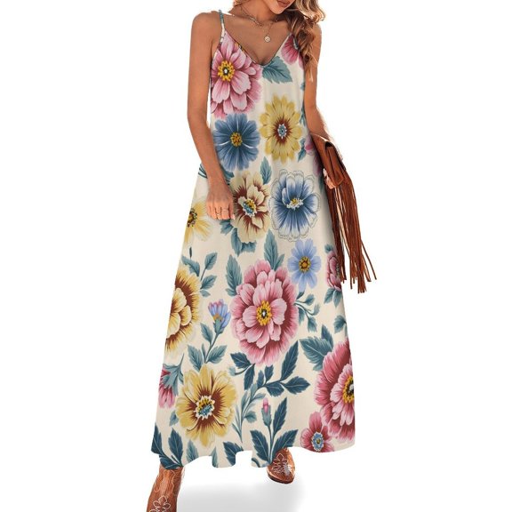 Women's V-Neck Sleeveless Dress, Pleated Knit Elegant Ruffled Long Dress, Floral Pattern Stylish Casual Long Summer And Autumn Dress