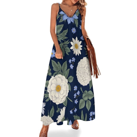 Women's V-Neck Sleeveless Dress, Ruffled Knit Elegant Pleated Long Dress, Casual Floral Pattern Stylish Long Summer And Autumn Dress