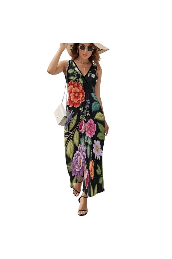 Women's V-Neck Sleeveless Dress, Ruffled Pleated Elegant Knit Long Dress, Stylish Casual Floral Pattern Long Summer And Autumn Dress