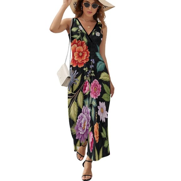 Women's V-Neck Sleeveless Dress, Ruffled Pleated Elegant Knit Long Dress, Stylish Casual Floral Pattern Long Summer And Autumn Dress