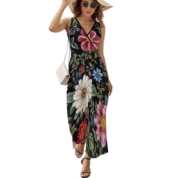 Women's V-Neck Sleeveless Dress, Stylish Floral Pattern Casual Elegant Dress, Knit Pleated Ruffled Long Summer And Autumn Dress