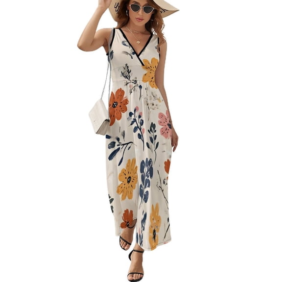 Women's V-Neck Sleeveless Dress, Stylish Long Elegant Ruffled Knit Dress, Floral Pattern Casual Pleated Long Summer And Autumn Dress