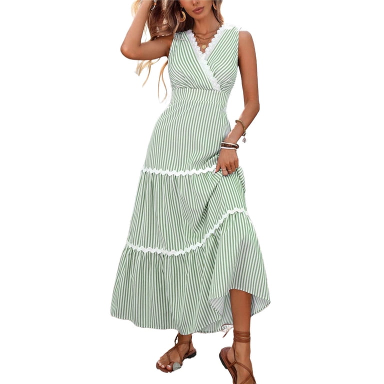Hinvhai Women's V Neck Sleeveless Gingham Midi Dress, Contrast White Trim Tiered Split Flowy Casual Vacation Long Dress Green S(s), Size: Small