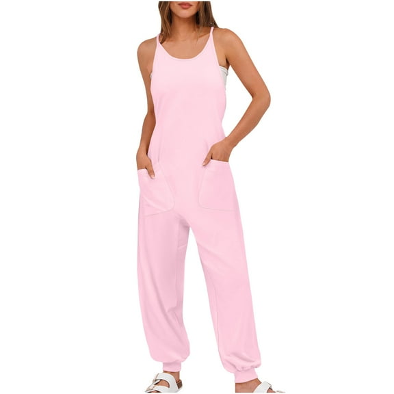 Women's V Neck Sleeveless Jumpsuits Spaghetti Straps Harem Long Casual Loose Fitting Pants Overalls With Pockets Pink