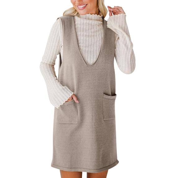 Women's V Neck Sleeveless Knit Pullover Sweater Vest Dress, with Pockets, Polyester, for Fall & Winter