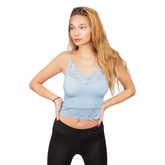 Women's V Neck Sleeveless Lace Rib Seamless Cami Tank Top T1392 - Blue - Small